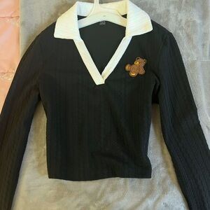 SHEIN Black Fitted Blouse with Notched White Collar